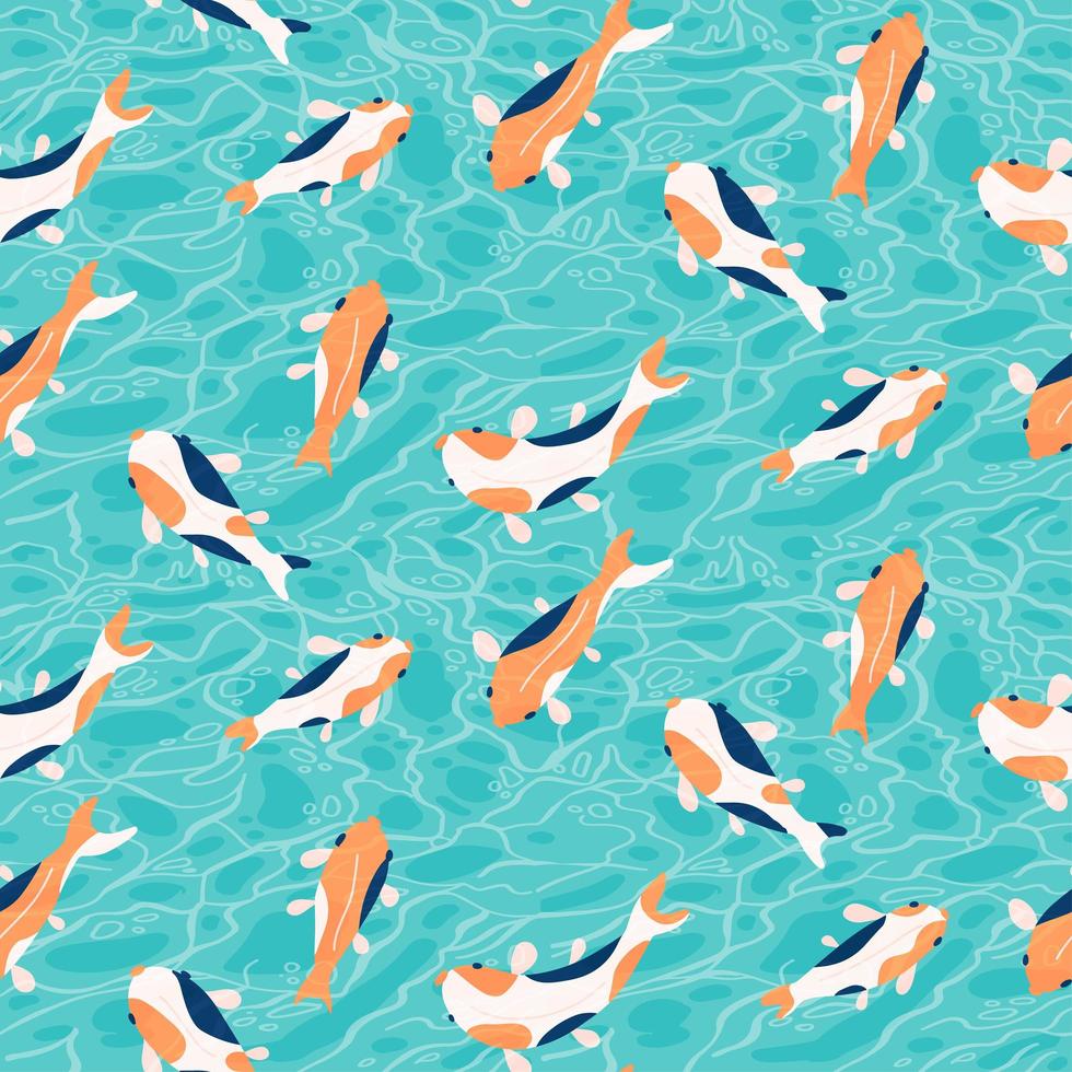 motif harmonieux réaliste et détaillé dessiné à la main avec des carpes koi dorées et noires sur fond de vagues d'eau bleu clair pour l'impression textile ou papier. illustration vectorielle plane. vecteur