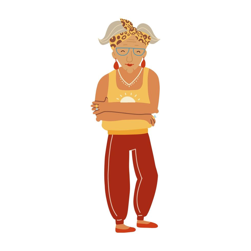 mamie en bonne santé personnage de vieille dame active dans des vêtements de sport décontractés à la mode. mode de vie vogue femme aînée. illustration vectorielle de dessin animé design plat. vecteur
