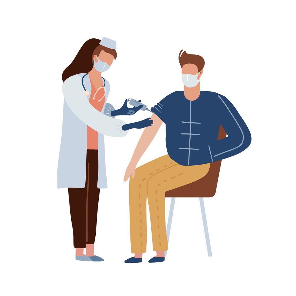 la femme médecin injecte le vaccin au patient masculin assis. il est temps de se faire vacciner contre la maladie - covid-19 . illustration vectorielle plane vecteur