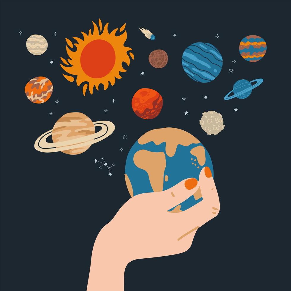 belle main féminine tient la terre avec d'autres planètes et étoiles autour. illustration vectorielle plate isolée. vecteur