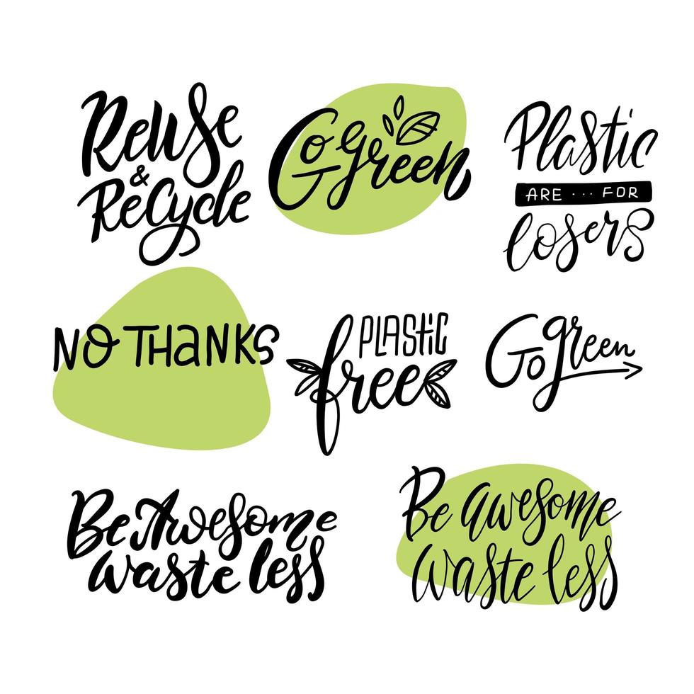 zéro déchet, respectueux de l'environnement, passer au vert, grand ensemble de lettrage de pollution plastique. citations et phrases de calligraphie moderne avec des feuilles vertes. illustration vectorielle. vecteur