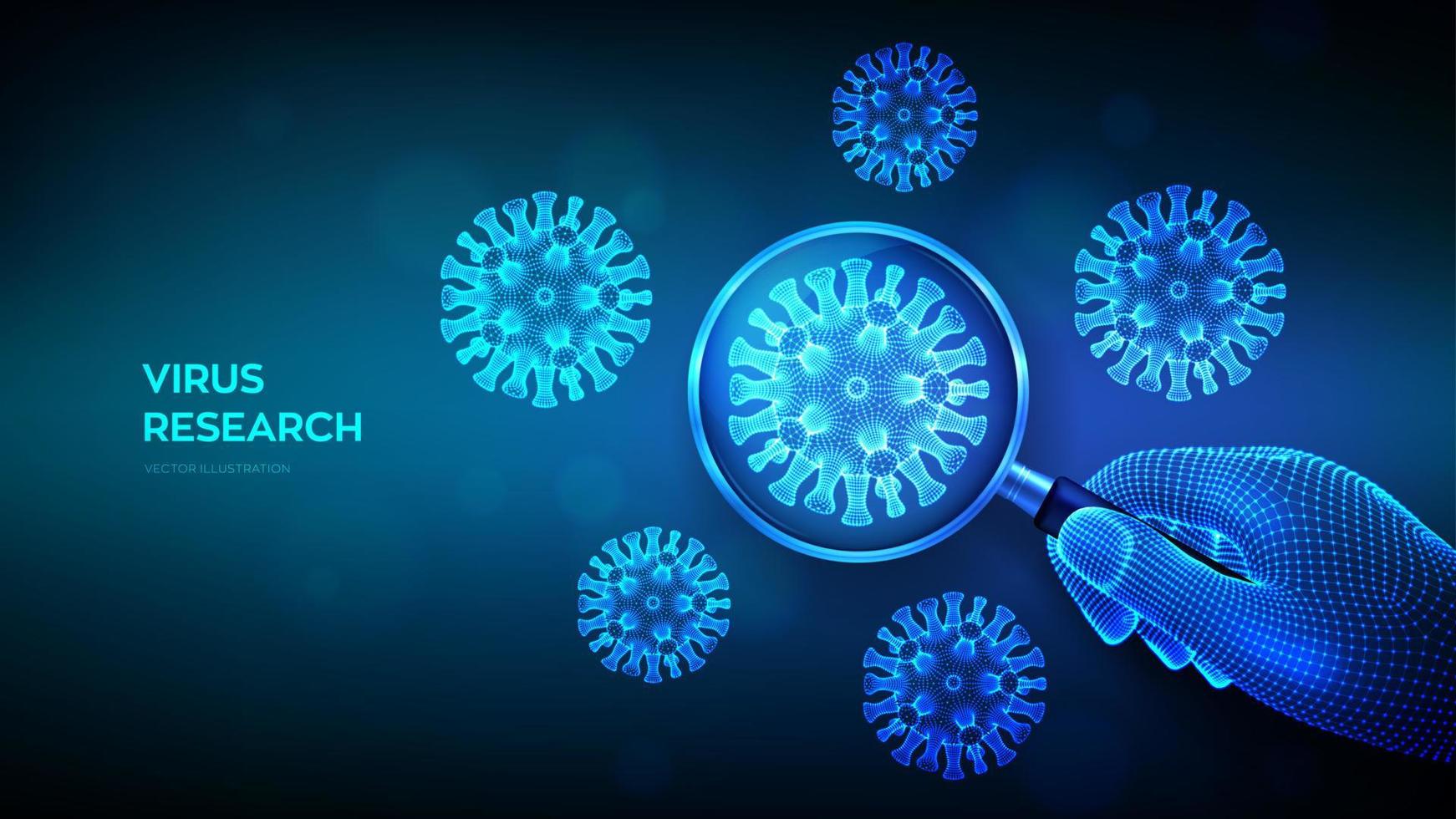 concept de recherche sur les virus avec loupe dans la main filaire et nouvelles bactéries coronavirus abstraites. loupe et cellule virale en gros plan. coronavirus 2019-ncov. covid19. illustration vectorielle 3D. vecteur