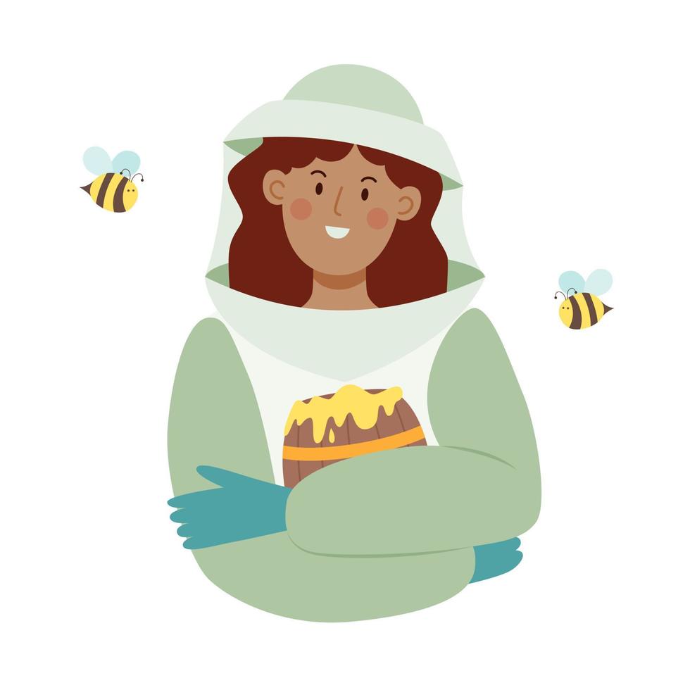 personnage féminin apiculteur dans une combinaison de protection des abeilles avec un baril de miel. illustration de vecteur plat isolé sur fond blanc.