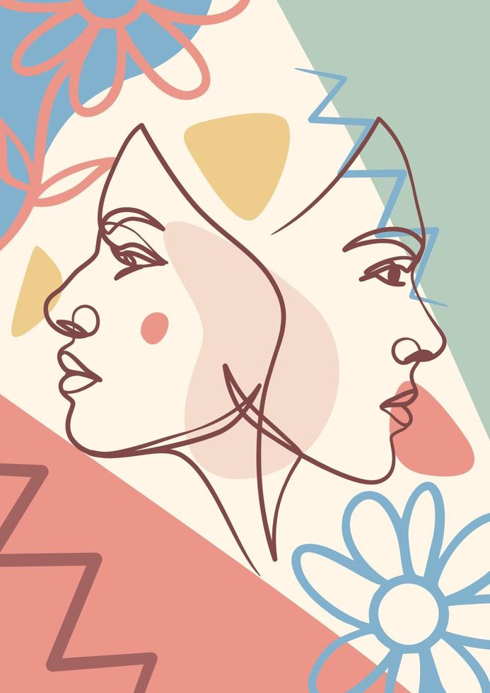 femme face à une affiche de dessin d'art en ligne. style de dessin en ligne continue vecteur