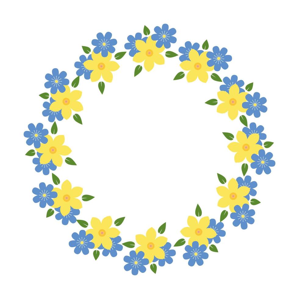 cadre floral rond avec fleurs printanières jaunes et bleues vecteur