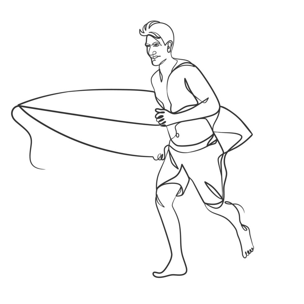 dessin en ligne continu d'un surfeur avec une planche de surf vecteur