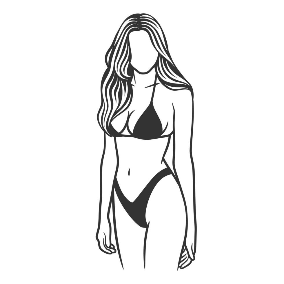 belle fille en bikini dessin noir et blanc vecteur