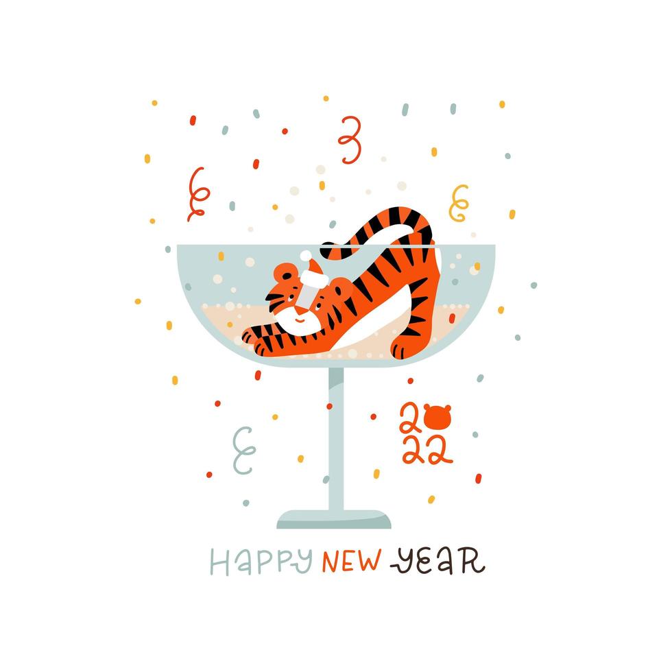 tigre mignon dans un verre de champagne rétro. 2022 année du tigre. caractère du zodiaque chinois. parfait pour les t-shirts, les vêtements, les cartes, les affiches. isolé sur fond blanc illustration vectorielle plane vecteur