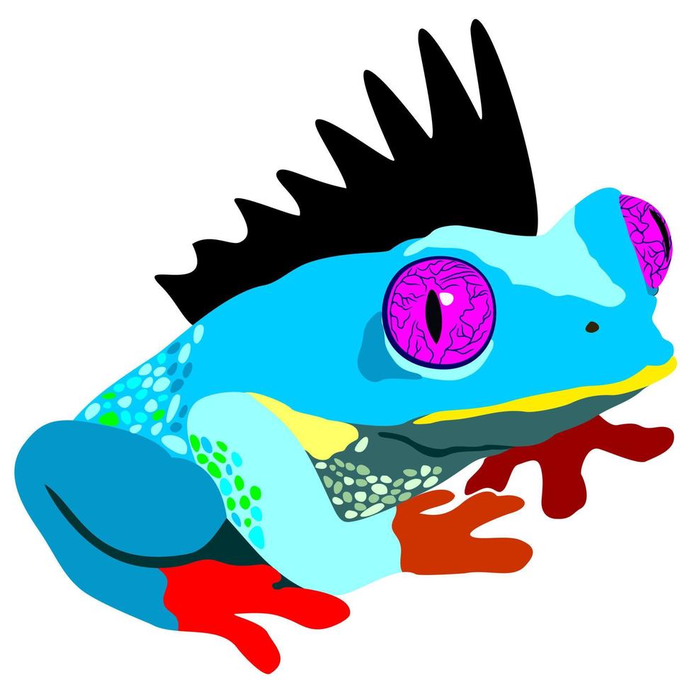 grenouille bleue avec mohawk noir et pattes rouges. vecteur