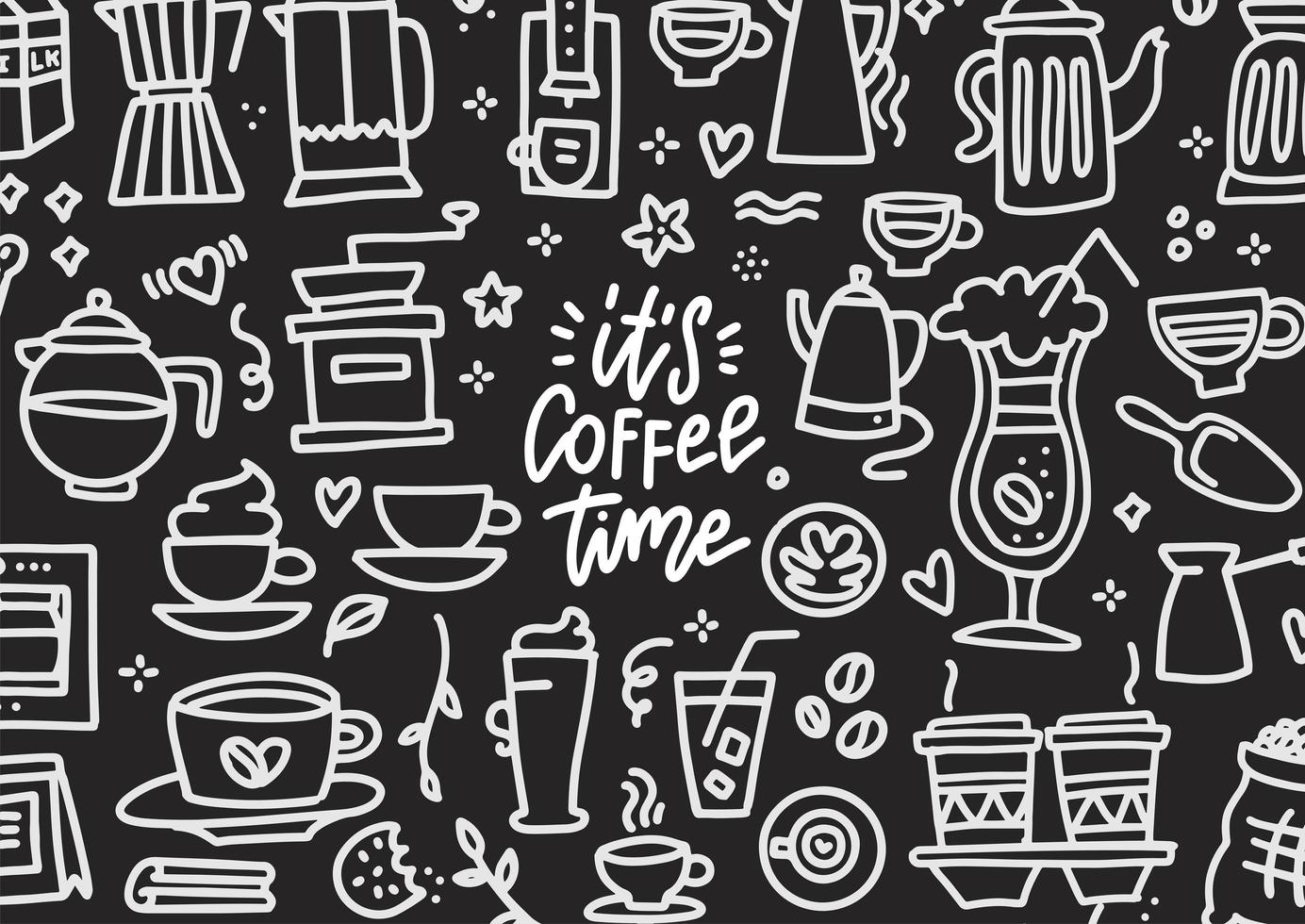 l'heure du café doodles tableau noir dessiné à la main avec de nombreux symboles et objets vectoriels linéaires et texte de lettrage. vecteur