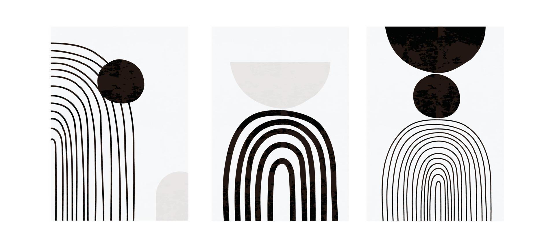 ensemble de trois affiches modernes en noir et blanc avec des arcs-en-ciel et des formes géométriques abstraites, illustration vectorielle. impression d'art nordique minimale. conception d'abstraction pour le fond, le papier peint, la carte, l'art mural vecteur