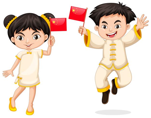 Heureux garçon et fille tenant le drapeau de la Chine vecteur