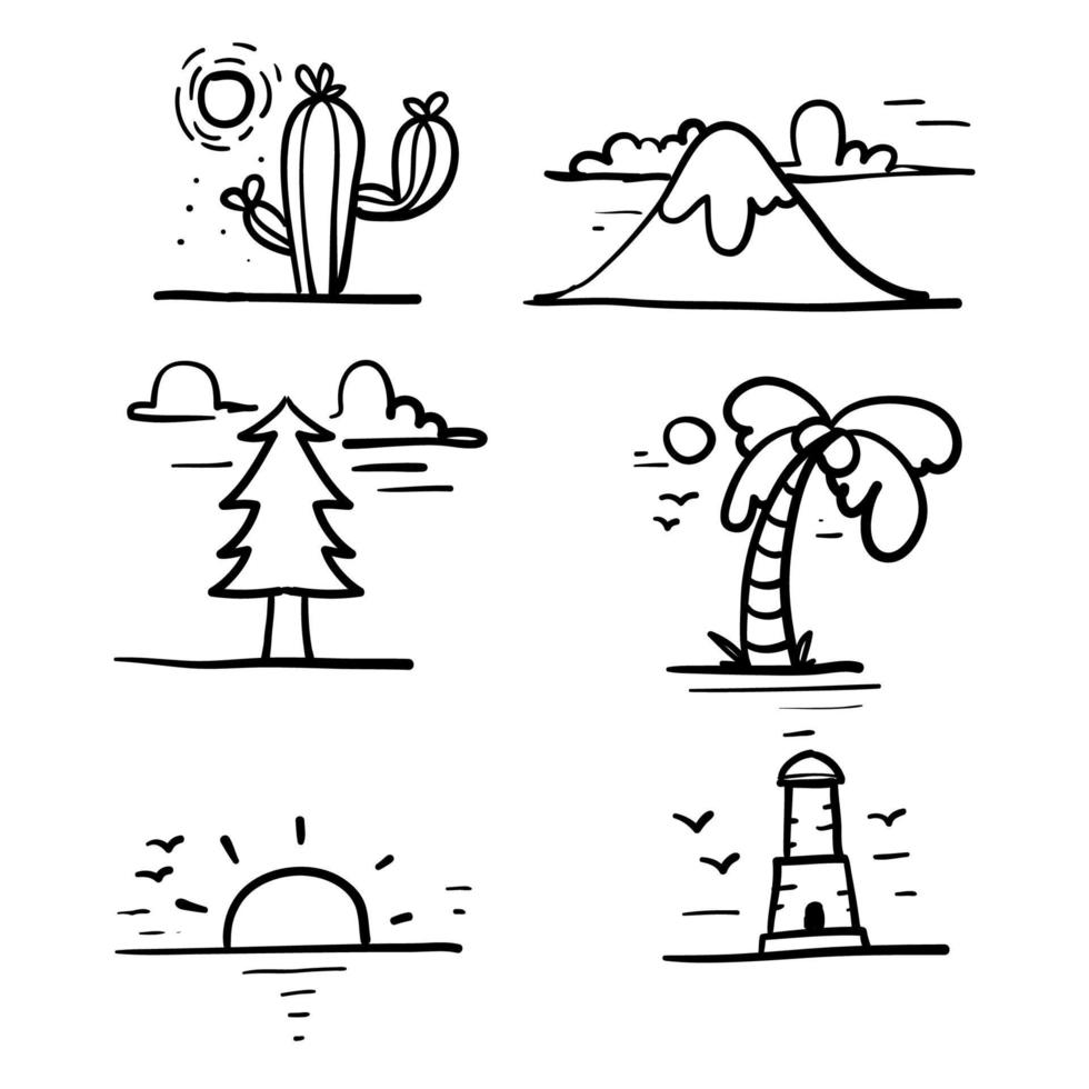 icônes de doodle dessinés à la main de fond isolé de vecteur de collection d'illustration de paysage