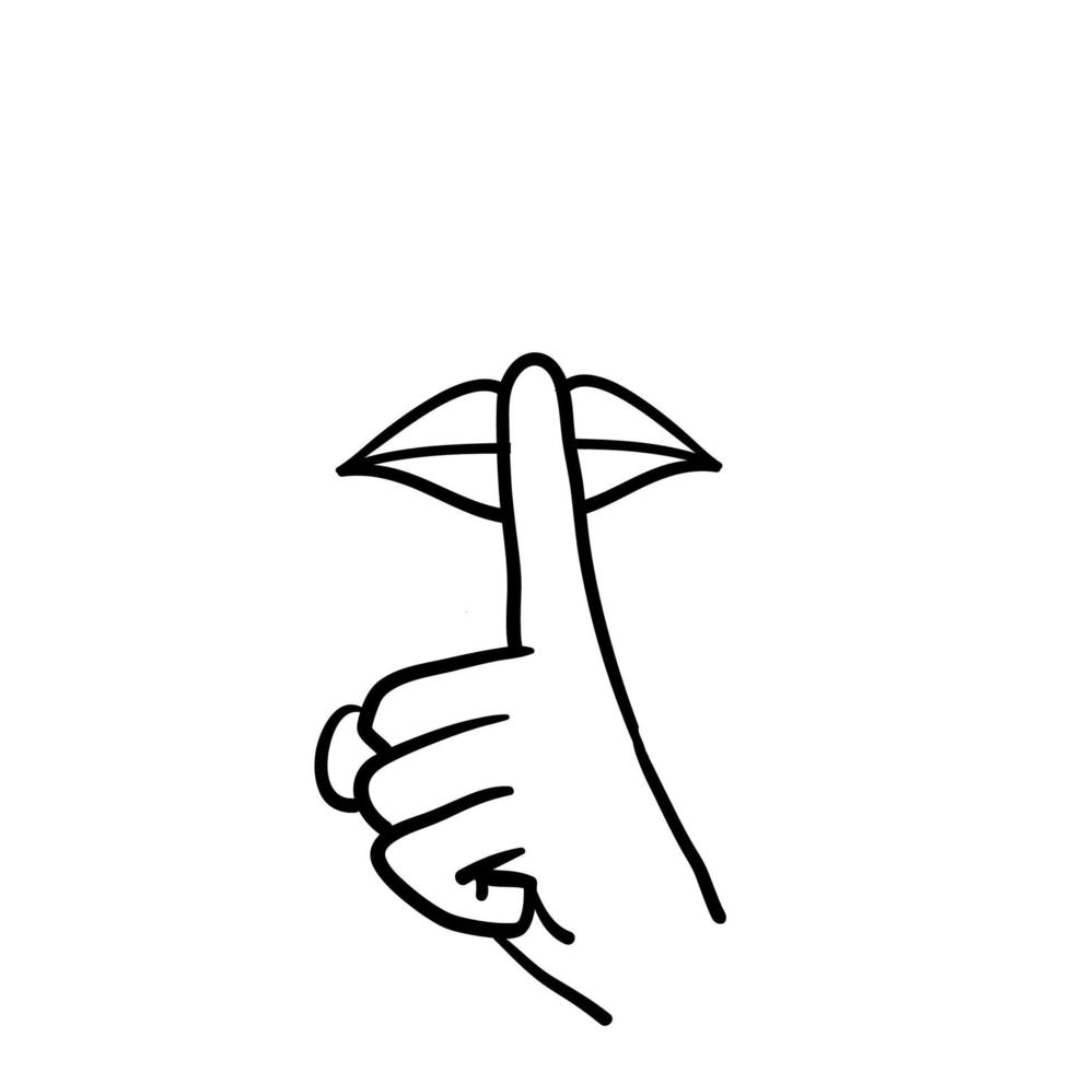main dessinée main sur les lèvres symbole pour ne pas déranger icône, s'il vous plaît faites silence, pssst, ligne de silence dans le style doodle vecteur