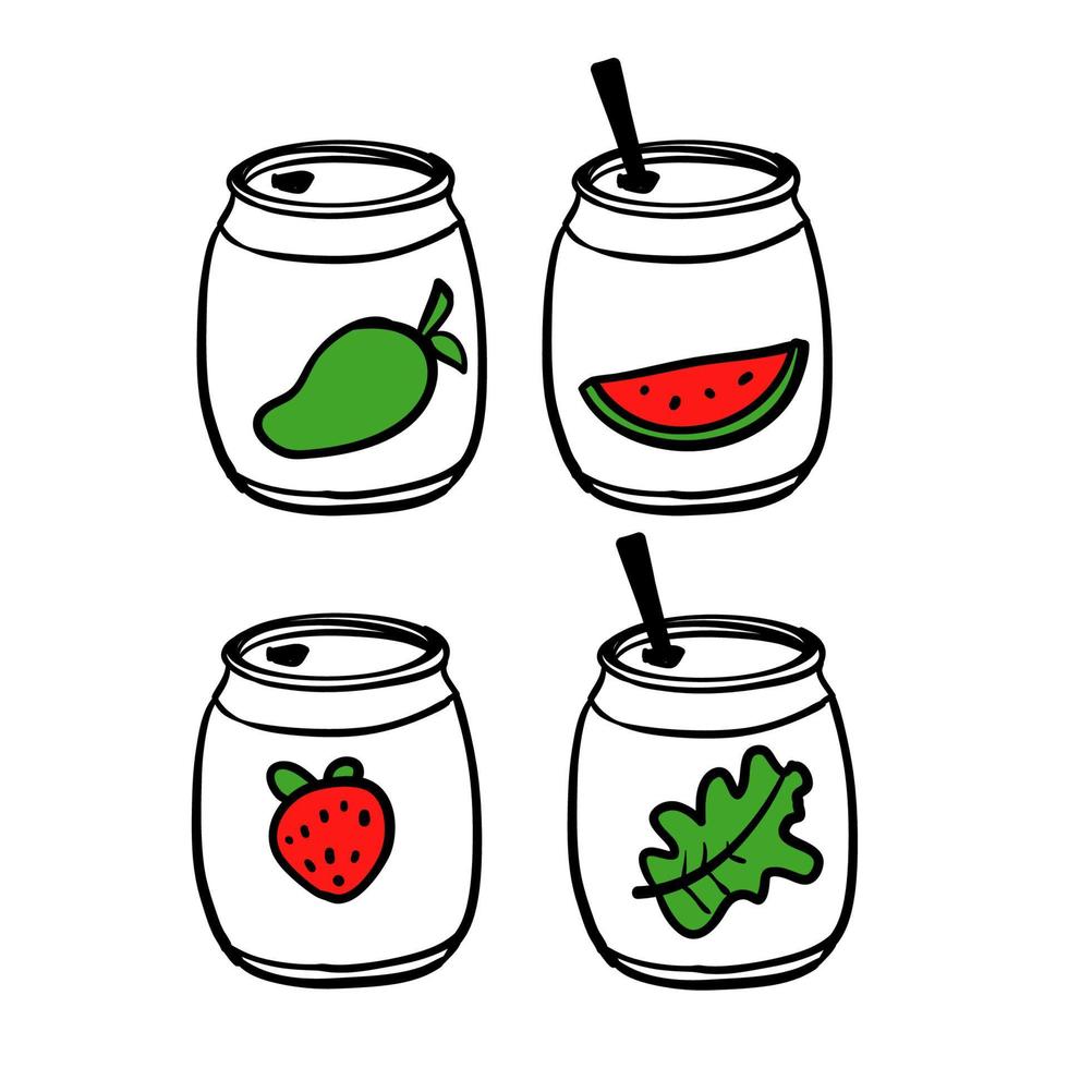 doodle dessin illustration divers sodas savoureux. ensemble de vecteurs dessinés à la main de boissons non alcoolisées dans des canettes en aluminium. eau gazeuse avec différentes saveurs de fruits fond isolé vecteur