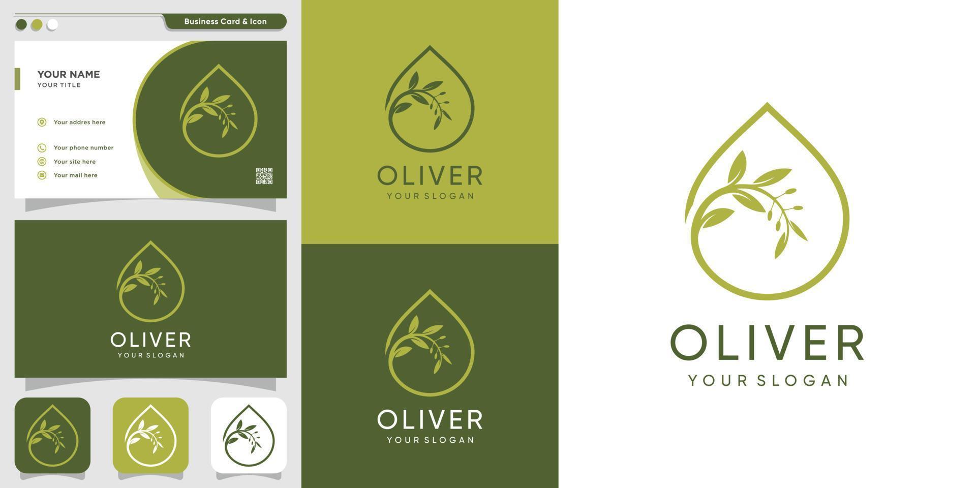 logo oliver et modèle de conception de carte de visite, goutte, marque, huile, beauté, cosmétiques, icône, santé, vecteur premium