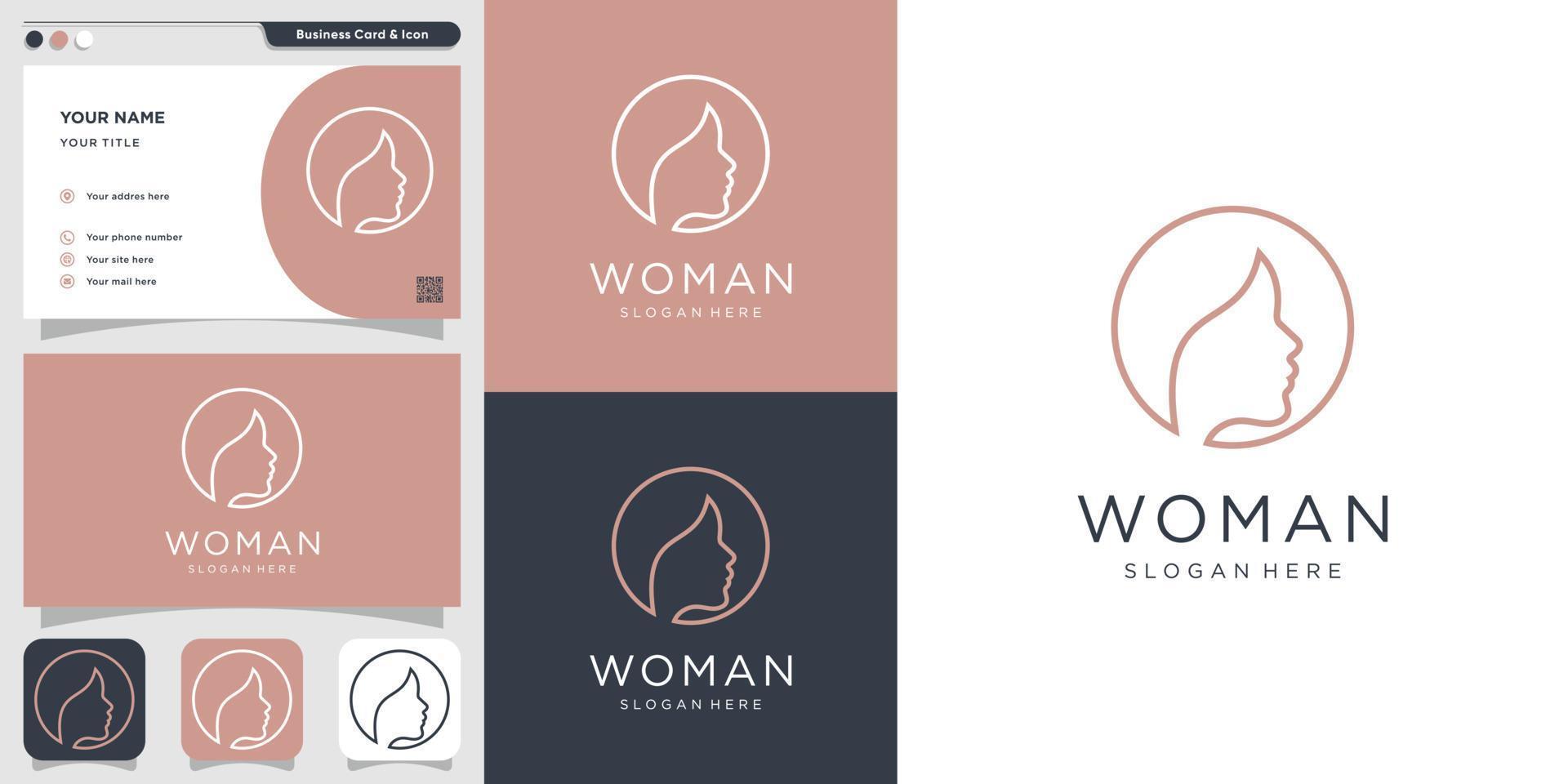 logo femme avec dessin au trait et modèle de conception de carte de visite, ligne, femme, beauté, visage, vecteur premium
