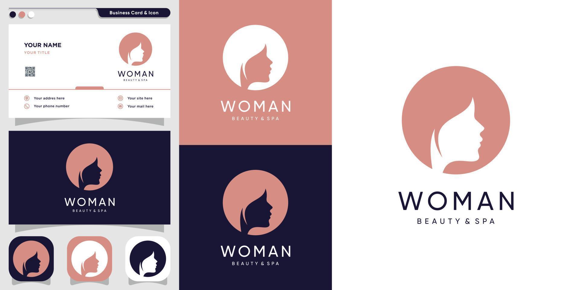 logo femme avec silhouette visage et modèle de conception de carte de visite, ligne, femme, beauté, visage, design haut de gamme vecteur