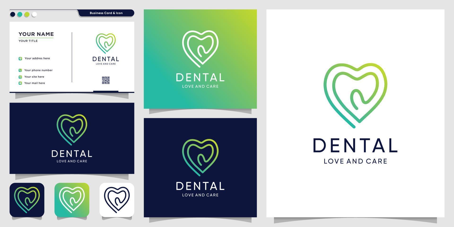 amour logo dentaire avec style d'art en ligne et modèle de conception de carte de visite, dentiste, dentaire, amour, soins, icône, vecteur premium