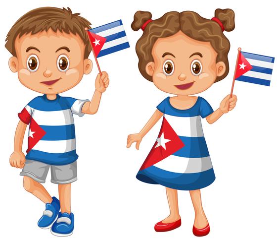 Heureux garçon et fille tenant le drapeau de Cuba vecteur