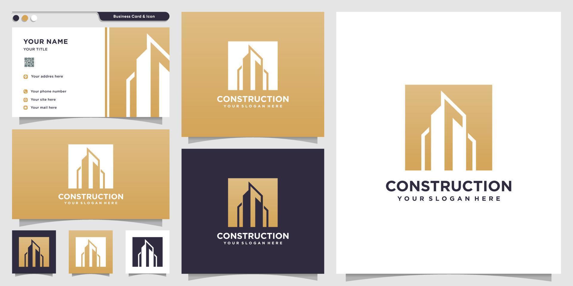 logo de construction avec style silhouette et modèle de conception de carte de visite, modèle de logo, logo de construction, immobilier, vecteur premium