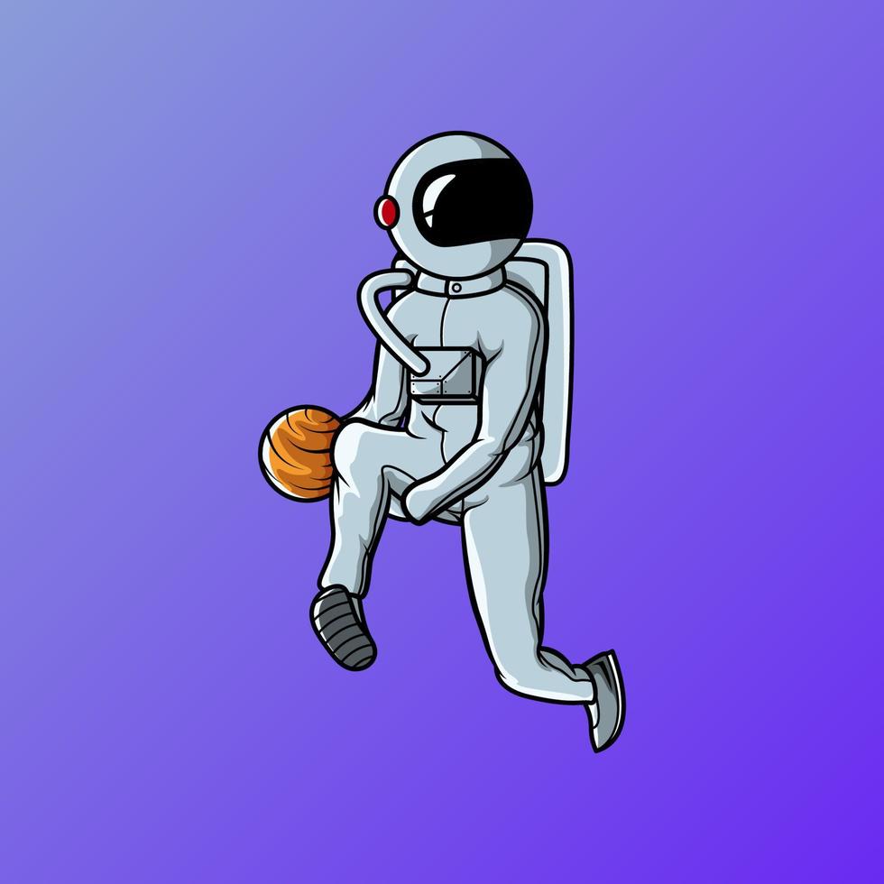 astronaute jouant au ballon de la planète et faisant une illustration vectorielle de slam dunk vecteur