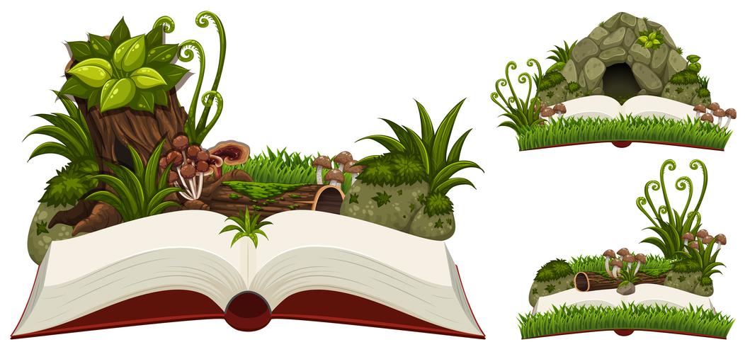 Trois livres de la nature avec grotte et plantes vecteur