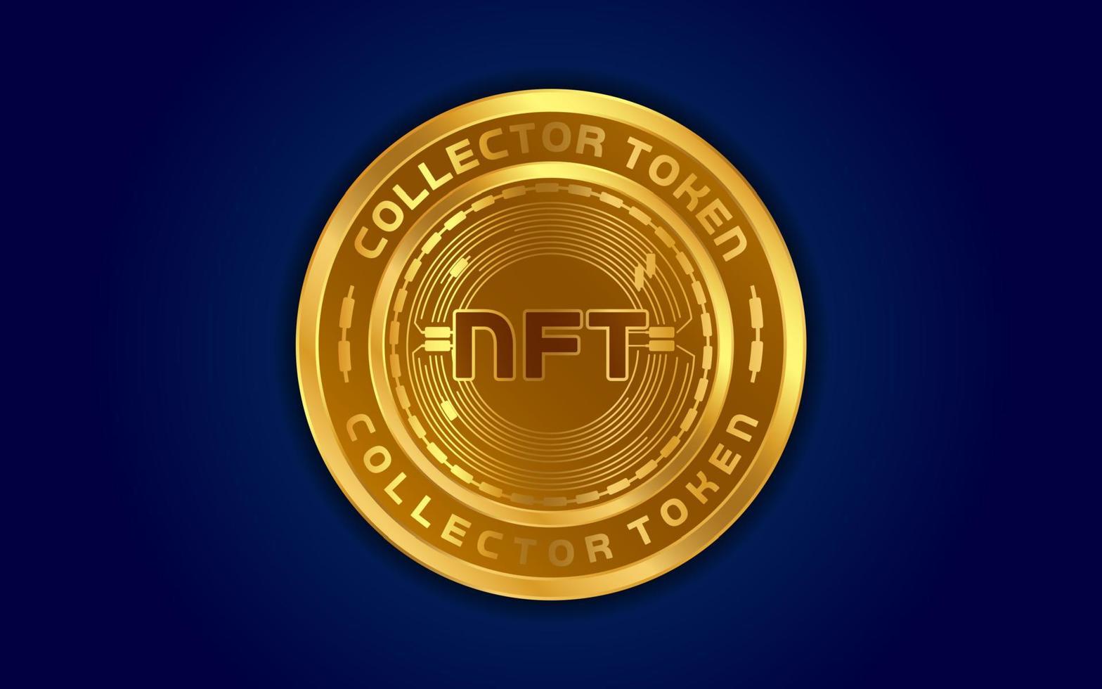 monnaie crypto nft pièce d'or avec symbole bitcoin laqué noir sur l'avers isolé sur fond bleu foncé. illustration vectorielle. utiliser pour les logos, les produits imprimés, la décoration de pages et de sites Web ou tout autre design. vecteur