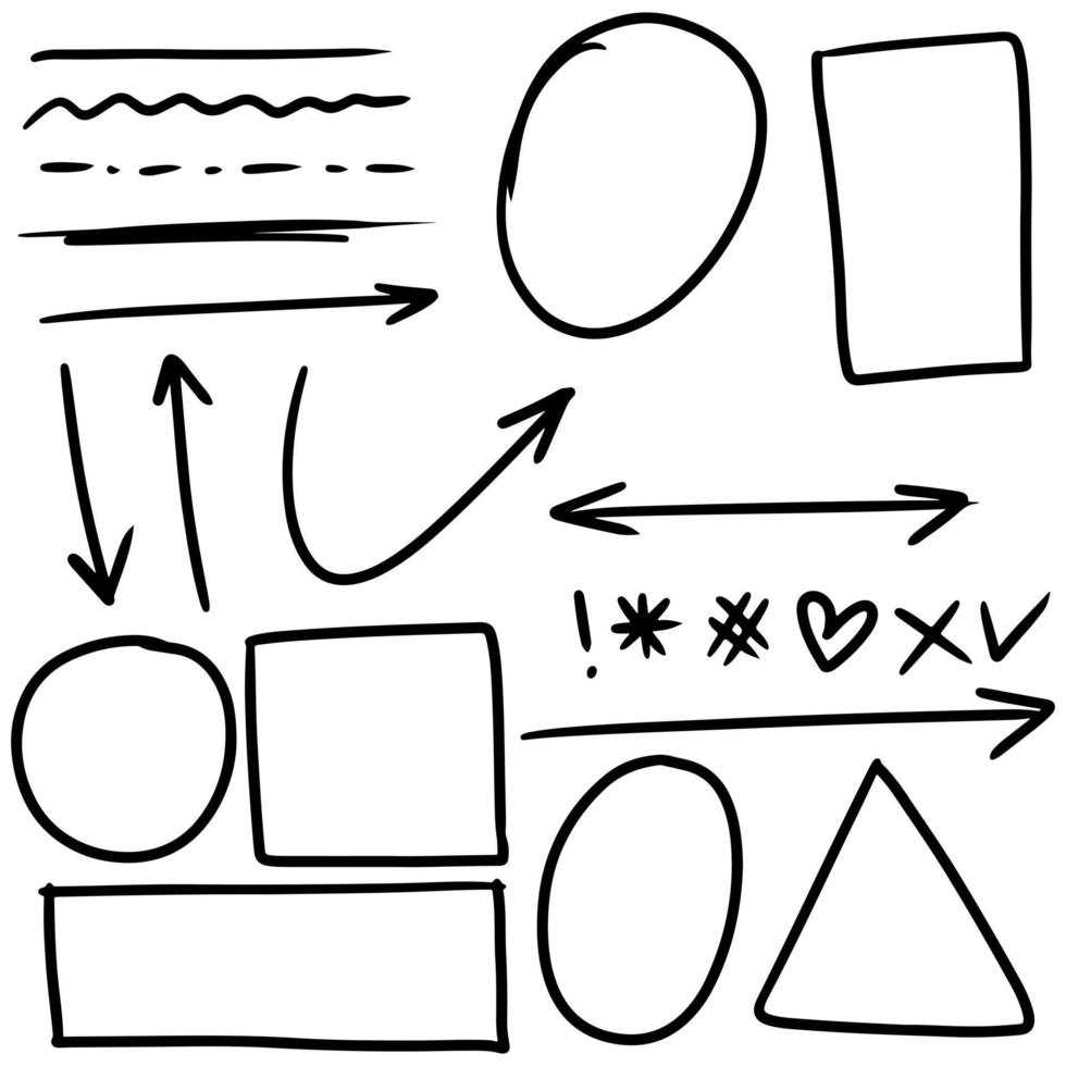 lignes de griffonnage, flèches, cercles et courbes vector.hand éléments de conception dessinés isolés sur fond blanc pour infographie. illustration vectorielle. vecteur