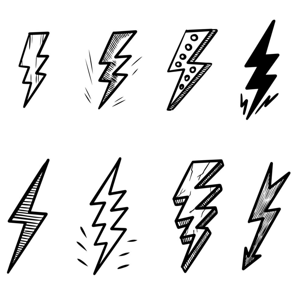 ensemble d'illustrations de croquis de symbole d'éclair électrique doodle vecteur dessinés à la main. illustration vectorielle.