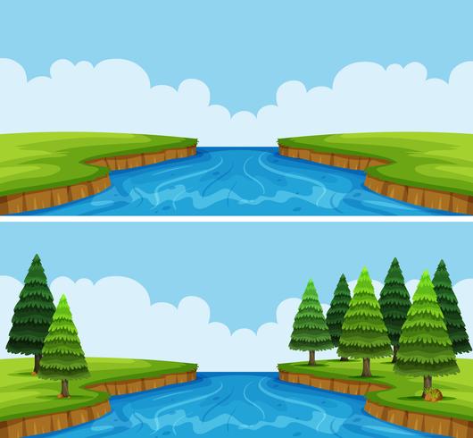 Deux scènes de rivière avec arbres et champ vecteur