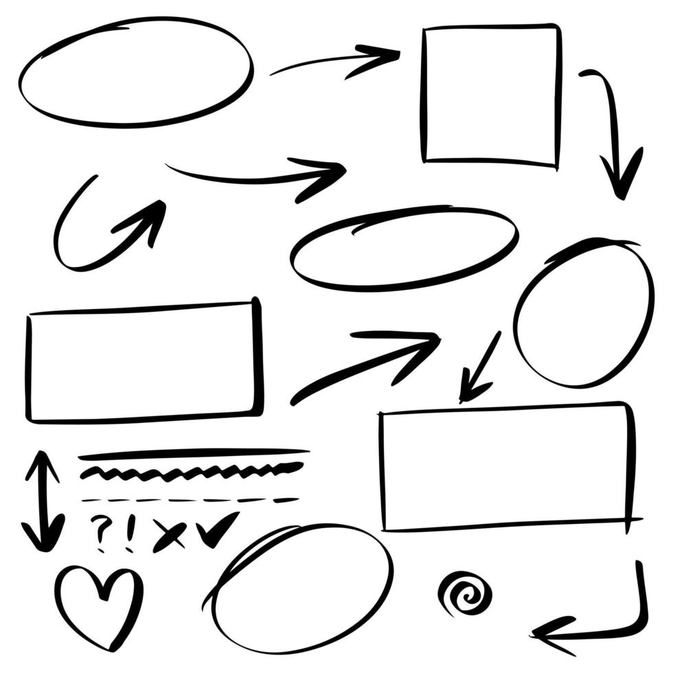 lignes de griffonnage, flèches, cercles et courbes vector.hand éléments de conception dessinés isolés sur fond blanc pour infographie. illustration vectorielle. vecteur