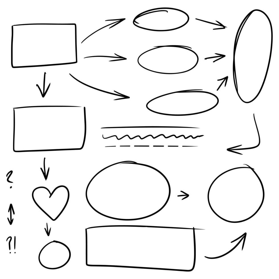 lignes de griffonnage, flèches, cercles et courbes vector.hand éléments de conception dessinés isolés sur fond blanc pour infographie. illustration vectorielle. vecteur