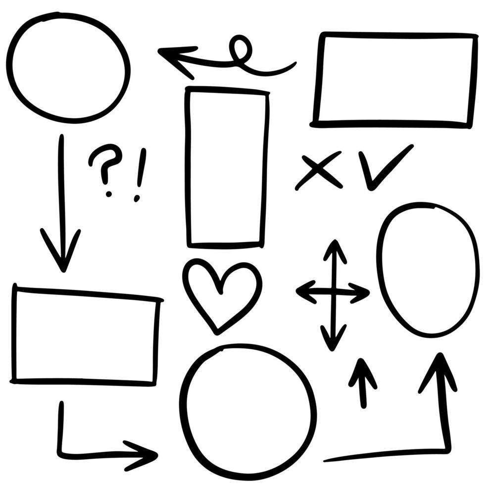 lignes de griffonnage, flèches, cercles et courbes vector.hand éléments de conception dessinés isolés sur fond blanc pour infographie. illustration vectorielle. vecteur