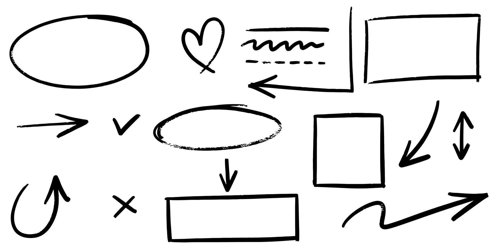 lignes de griffonnage, flèches, cercles et courbes vector.hand éléments de conception dessinés isolés sur fond blanc pour infographie. illustration vectorielle. vecteur