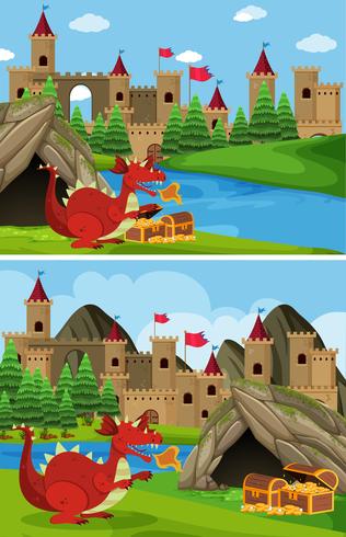 Deux scènes avec un dragon rouge gardant un trésor vecteur