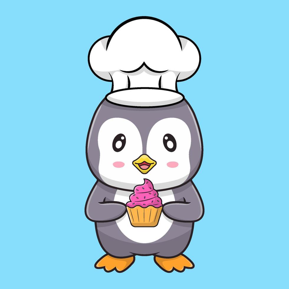Pingouin kawaii mignon avec chapeau de chef tenant illustration vectorielle de cup cake vecteur