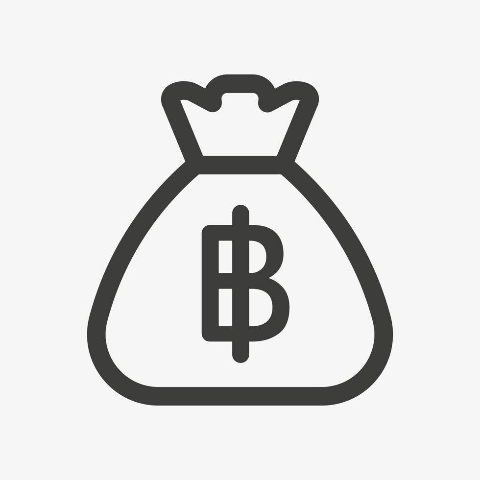 icône de bahts. sac avec baht thaïlandais isolé sur fond blanc. pictogramme de vecteur d'icône de contour de sac d'argent. symbole de la monnaie thaïlandaise