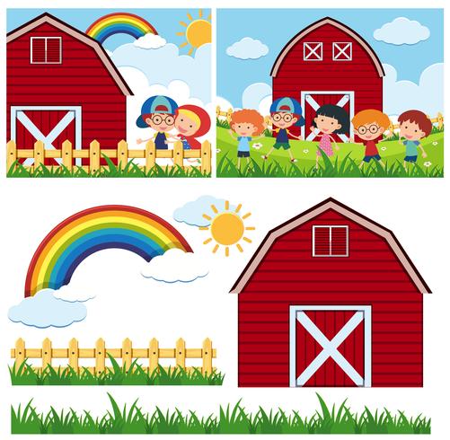 Deux scènes de ferme avec une grange rouge et des enfants heureux vecteur
