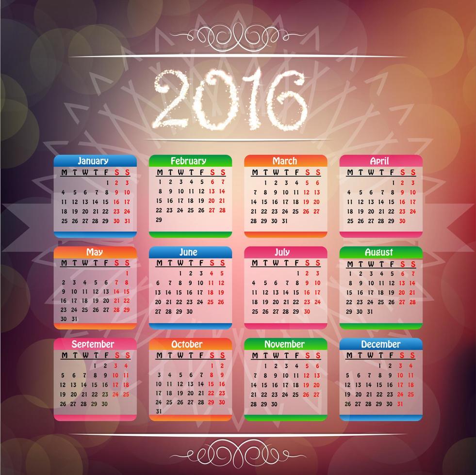 calendrier pour le vecteur 2016