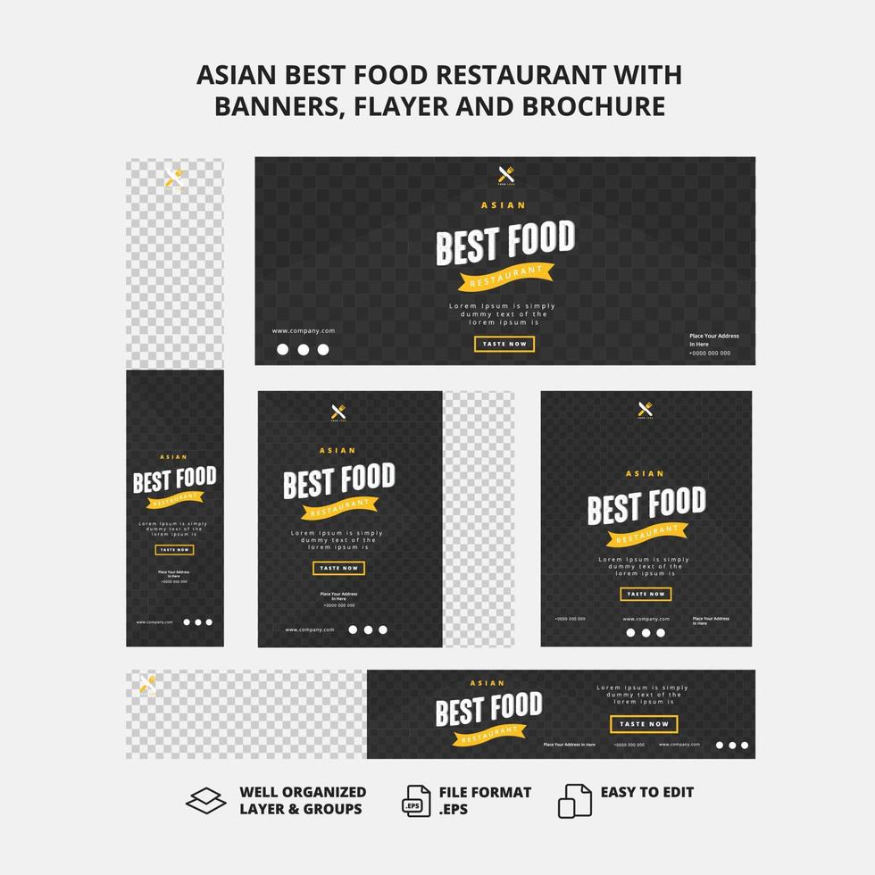 meilleur restaurant asiatique avec bannières, écorcheur et brochure vecteur