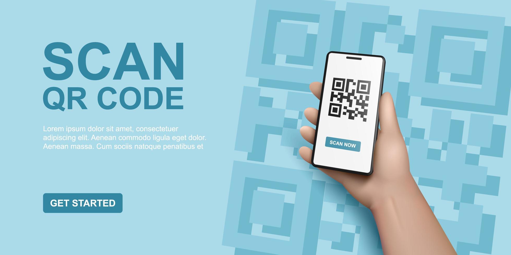 bannière de service de numérisation de code qr. notion de vérification. la main 3d avec le smartphone scanne le code qr. conception de modèles pour le site Web, la page de destination, l'interface utilisateur, les médias sociaux. illustration vectorielle vecteur