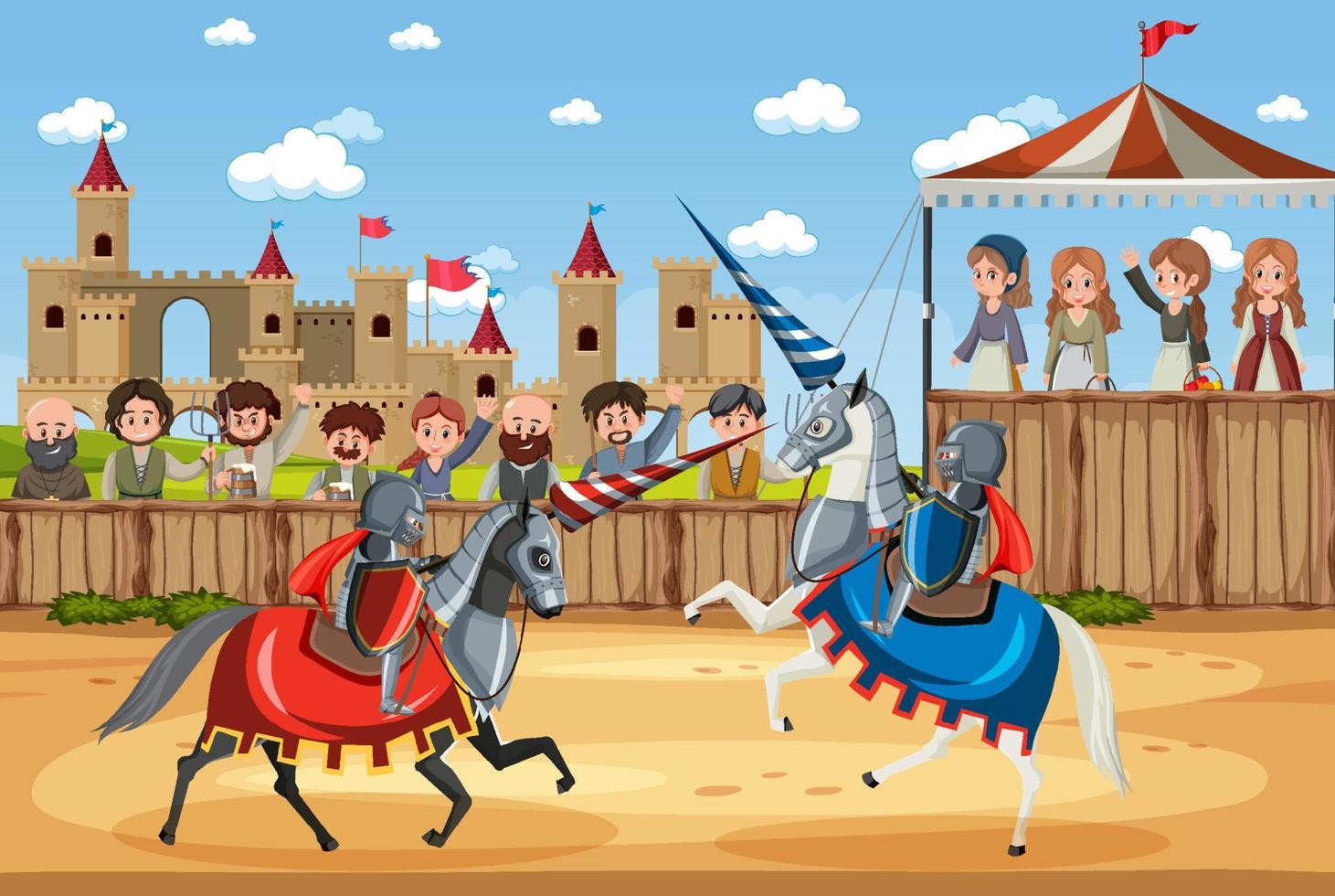 scène extérieure avec des chevaliers médiévaux avec des villageois vecteur