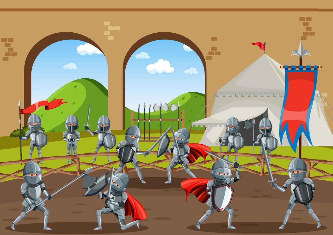 scène médiévale avec des joutes de chevaliers vecteur