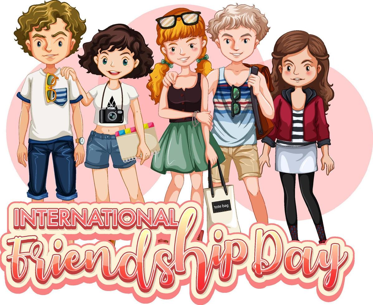 bannière du logo de la journée internationale de l'amitié avec un groupe d'adolescents vecteur
