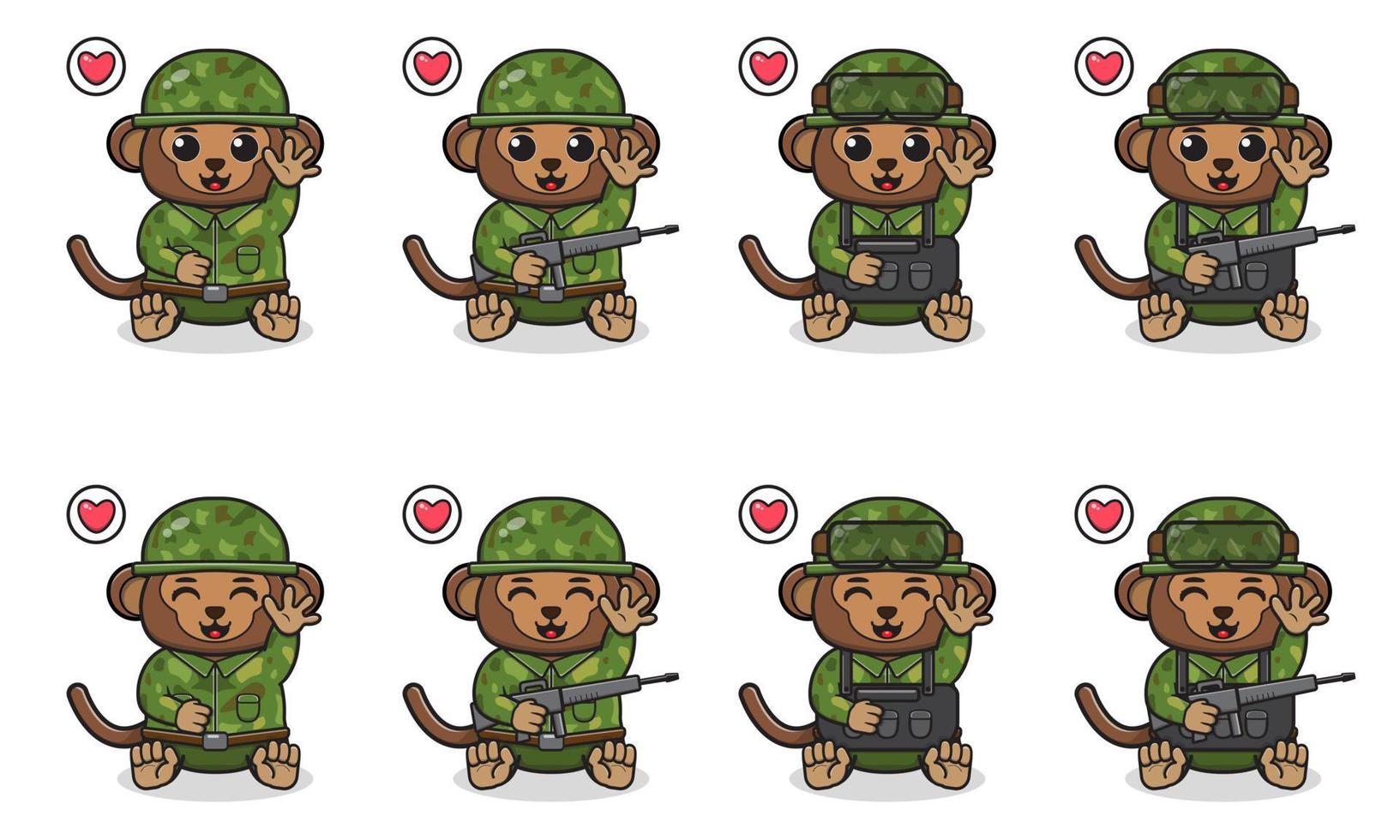 illustration vectorielle de dessin animé mignon singe assis avec costume de soldat et pose de la main vecteur