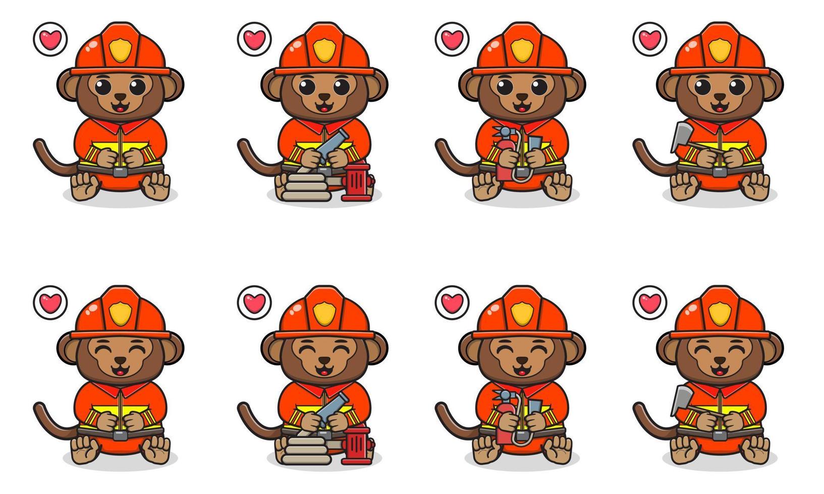 illustration vectorielle de dessin animé mignon singe assis avec costume de pompier. vecteur