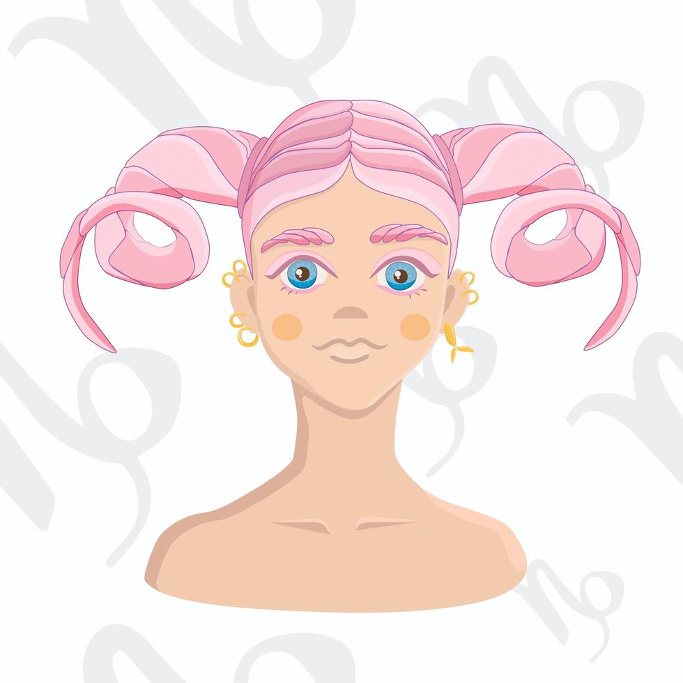 fille aux cheveux roses avec une coiffure à cornes sur fond transparent d'astrologie. vecteur
