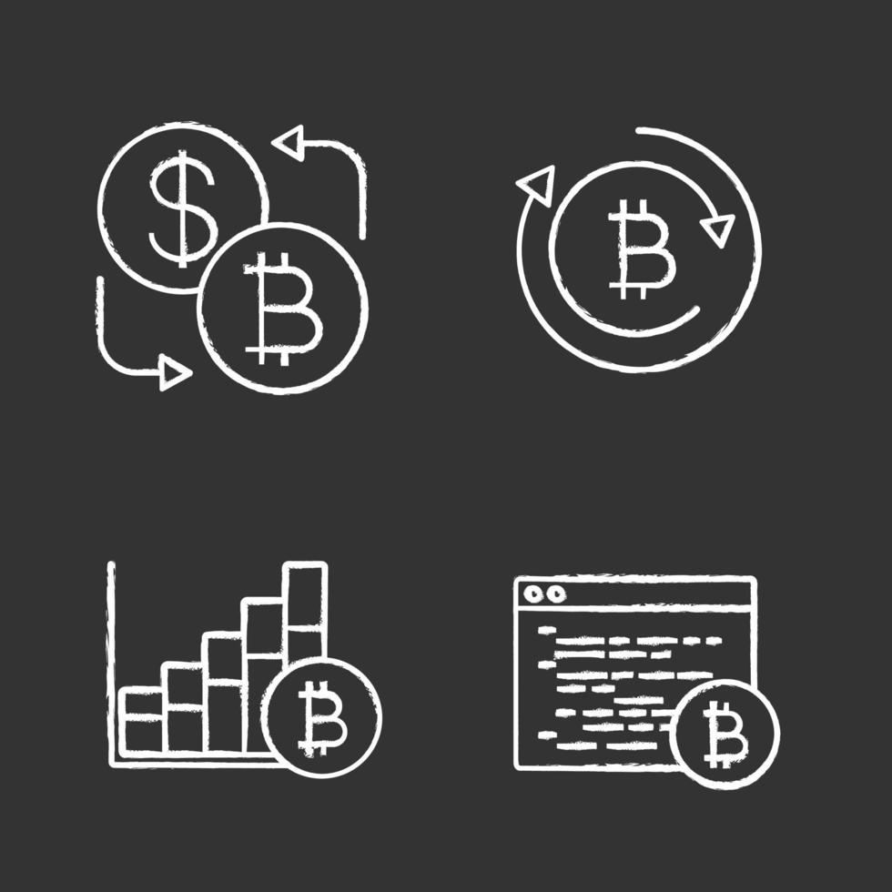 ensemble d'icônes de craie de crypto-monnaie bitcoin. échange de devises, remboursement de bitcoins, tableau de croissance du marché, logiciel de minage. illustrations de tableau de vecteur isolé