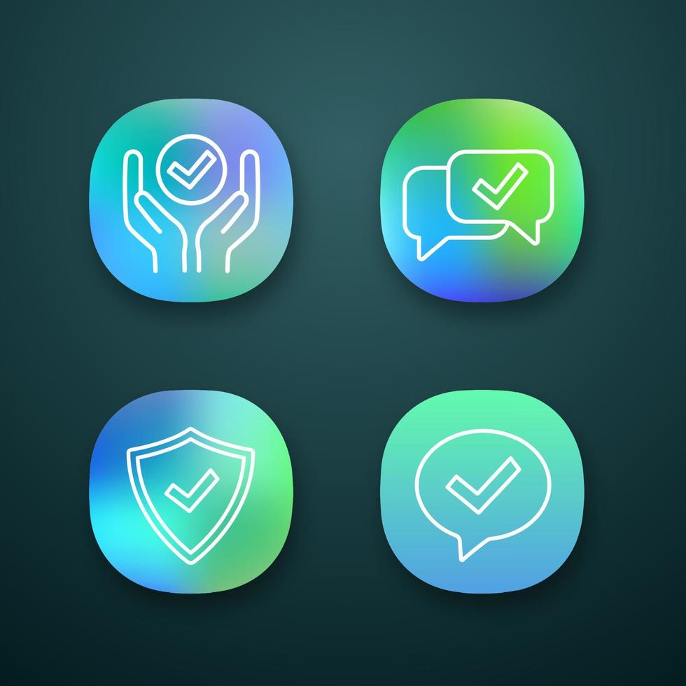 approuver le jeu d'icônes d'application. verification ET VALIDATION. service de qualité, chat approuvé, dialogue de confirmation, bouclier avec coche. interface utilisateur ui ux. illustrations vectorielles isolées vecteur